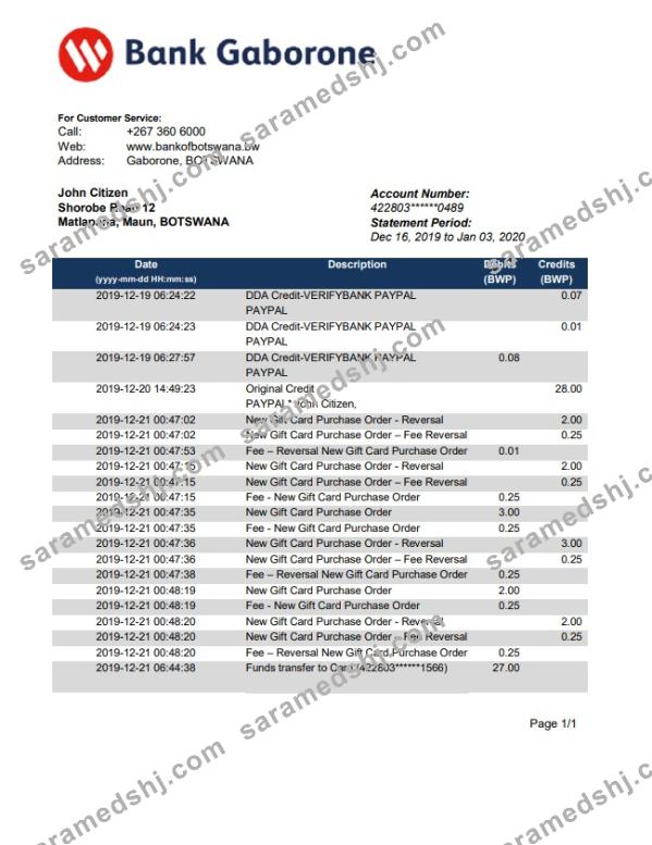 Botswana Bank Gaborone bank statement